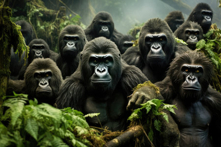 A group of gorillas in their natural rainforest habitat. A group of gorillas in their natural rainforest habitat, Close up portrait of cute endangered primate generated by AIの素材