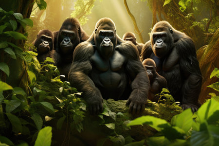 A group of gorillas in their natural rainforest habitat, Close up portrait of cute endangered primate generated by AIの素材