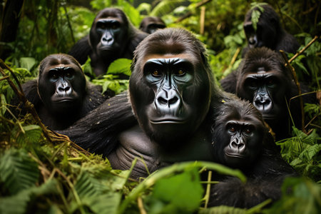 A group of gorillas in their natural rainforest habitat. A group of gorillas in their natural rainforest habitat, Close up portrait of cute endangered primate generated by AIの素材