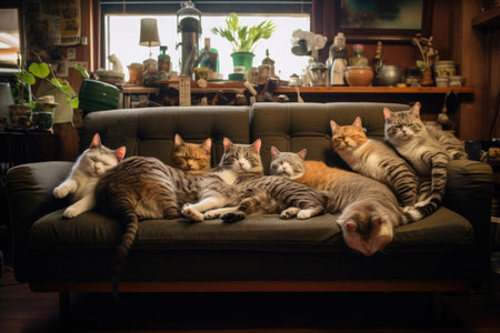 Cats lounging around on a lazy Sunday afternoon, Cute cat relaxing indoors, Ai generatedの素材