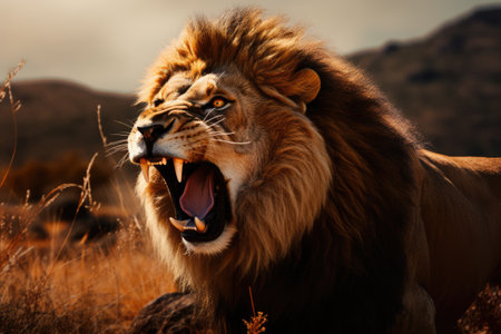 A fierce lion roaring in the savanna. Portrait of a beautiful lion, Ai generatedの素材