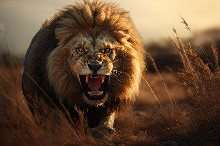 A fierce lion roaring in the savanna. Portrait of a beautiful lion, Ai generatedの素材