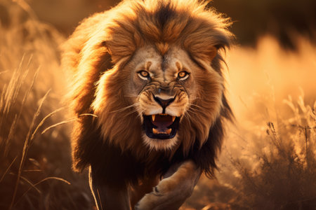 A fierce lion roaring in the savanna. Portrait of a beautiful lion, Ai generatedの素材