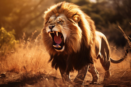 A fierce lion roaring in the savanna, View of 3d lion with nature background, Ai generatedの素材