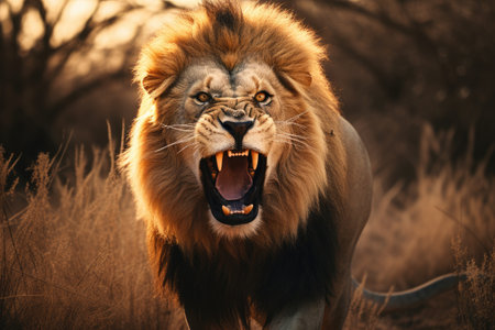 A fierce lion roaring in the savanna.の素材