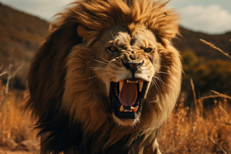 A fierce lion roaring in the savanna.の素材