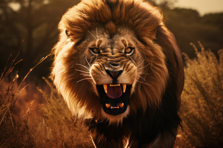 A fierce lion roaring in the savanna. Portrait of a beautiful lion, Ai generatedの素材
