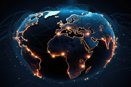 Interconnection of global networks illustrated as a map of the world, map with global technology networking concept. digital data visualization, Ai generatedの素材