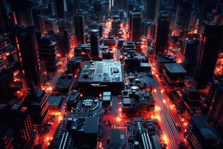 Motherboard design as digital circuit city, Photo closeup photo of a printed circuit board with intricate, Ai generatedの素材