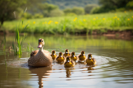 A mother duck leading her ducklings, Ai generatedの素材