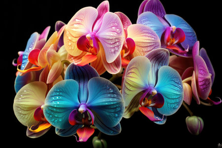 Realistic close up shot of a rainbow orchid. Photo exotic orchid flowers on blurry pink background, Ai generatedの素材