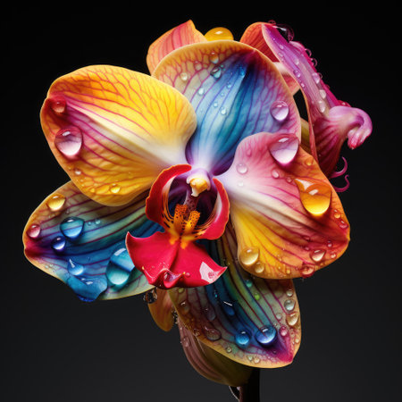 Realistic close up shot of a rainbow orchid. photo close up on flower with multicolored petal, Ai generatedの素材