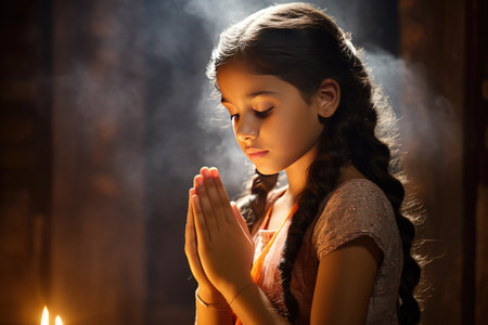 Hindu girl praying, peace, hope, dreams concept. Ai generatedの素材
