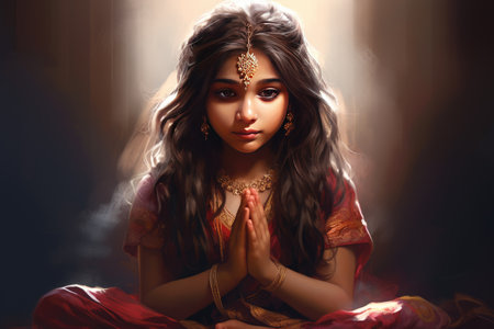 Hindu girl praying, peace, hope, dreams concept. Ai generatedの素材