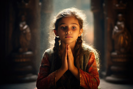 Hindu girl praying, peace, hope, dreams concept. Ai generatedの素材