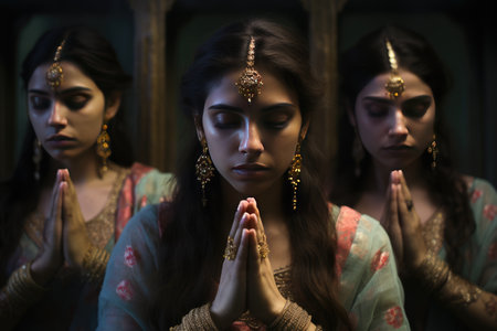 Hindu girl praying, peace, hope, dreams concept. Ai generatedの素材