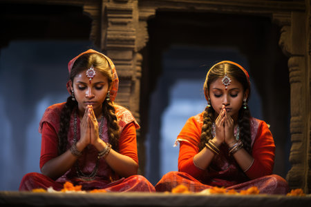 Hindu girl praying, peace, hope, dreams concept. Ai generatedの素材