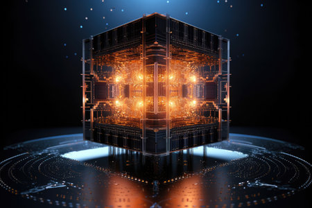 A digital representation of a quantum computer, luminous glass plate into which circuits are etched, Ai generatedの素材