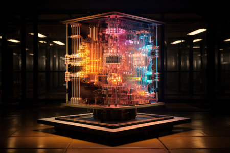 A digital representation of a quantum computer, orange computer boards microchips, Ai generatedの素材