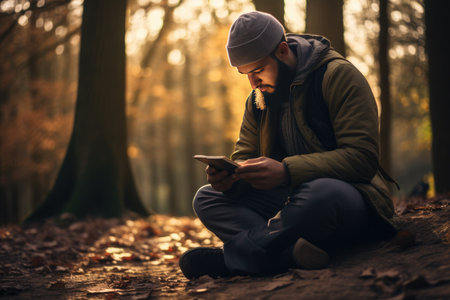 A Muslim guy is seen reading the Quran, Islamic Religious Muslim Man Sitting on a Rug Holding & Reading the Holy Quran, Ai generatedの素材