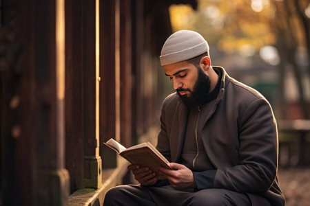 Religious Muslim man praying inside the mosque and reading holy book Quran, A Muslim guy is seen reading the Quran, Ai generatedの素材