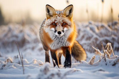 A red fox hunting in the snowy fields. a close up of a red fox in a snowy field with snow flakes, Ai generatedの素材