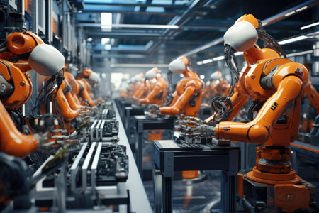 Robot assembly line in a futuristic factory. The automation of manufacturing processes with a robotic arm, Ai generatedの素材