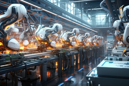 Robot assembly line in a futuristic factory. Factory 3D Concept: Automated Robot Arm Assembly Line Manufacturing, Ai generatedの素材