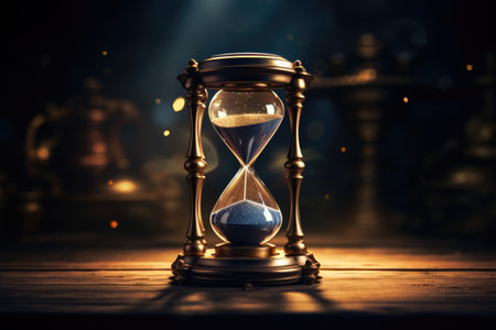 Close up of a golden hourglass on a table, Golden hourglass illustration, dark background, time concept. Generative AIの素材