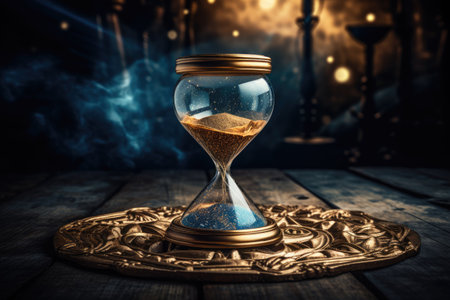 Close up of a golden hourglass on a table, Classic wooden hourglass , Ai generatedの素材