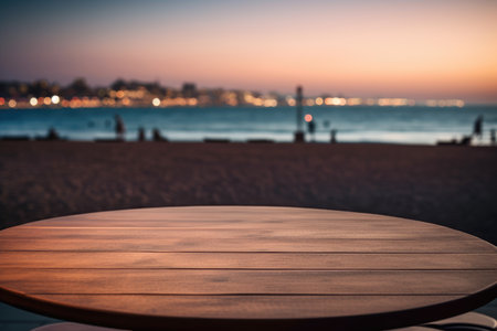 Wooden table top with blurry beach in the backdrop at dusk, A wooden table top with a blurry background of a beach , Ai generatedの素材