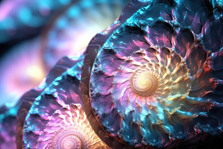 Abstract fractal. Fractal art background Nautilus shell for creative design. Decoration for wallpaper, closeup of a nautilus shell, Ai generatedの素材