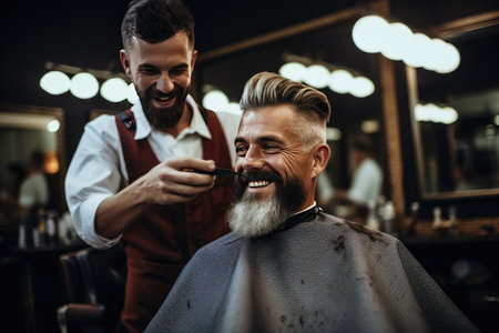 Man getting a haircut in a barbershop, Photo young bearded man sitting and getting haircut in barber shop, AI generatedの素材