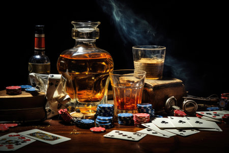 Casino chips decoration ,Casino still life with deck of playing cards, poker chips, bottle of whiskey, glass, Ai generatedの素材