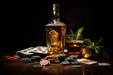 Casino chips decoration ,Casino still life with deck of playing cards, poker chips, bottle of whiskey, glass, Ai generatedの素材
