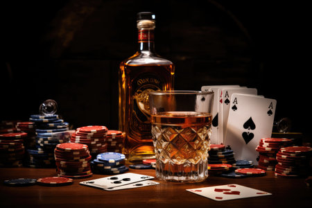 Casino chips decoration ,Casino still life with deck of playing cards, poker chips, bottle of whiskey, glass, Ai generatedの素材