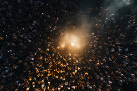 Top view of Crowd of people watching concert, Crowd in open air concert at night with lighting effects, Ai generatedの素材