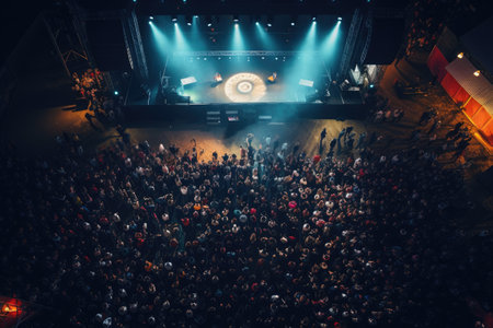 Top view of Crowd of people watching concert, Crowd in open air concert at night with lighting effects, Ai generatedの素材