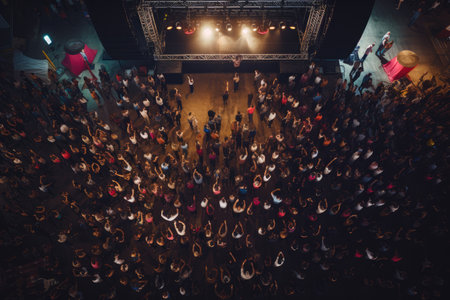 Top view of Crowd of people watching concert, Crowd in open air concert at night with lighting effects, Ai generatedの素材