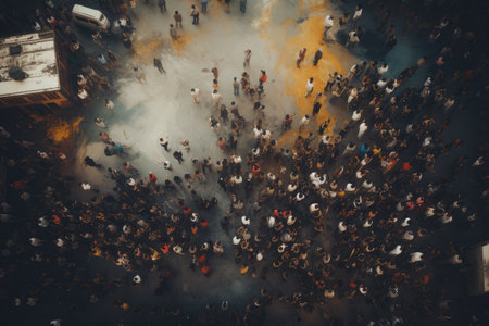 Top view of Crowd of people watching concert, Crowd in open air concert at night with lighting effects, Ai generatedの素材