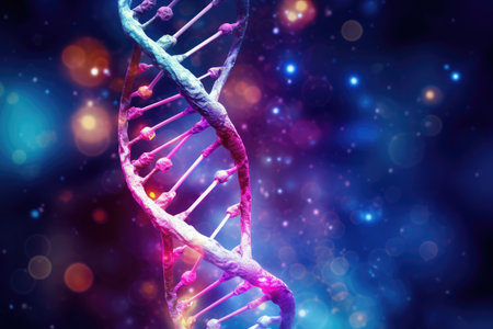 Digital illustration DNA structure in colored background with bokeh, Ai generatedの素材