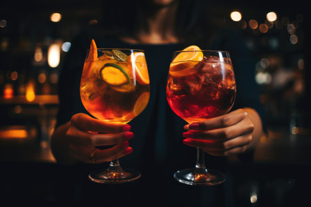 Close up of two female hands holding glasses of cocktails in the bar, Close up shot of young smiling couple enjoy their drinks, Ai generatedの素材