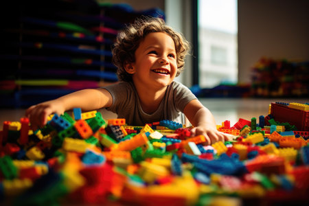 Joyous moment of a kid engrossed in play, creating a world of wonder with vibrant and colorful lego pieces, Ai generatedの素材