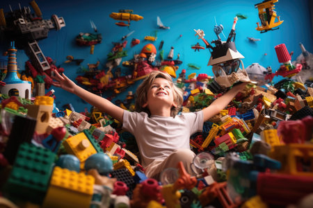 Joyous moment of a kid engrossed in play, creating a world of wonder with vibrant and colorful lego pieces, Ai generatedの素材