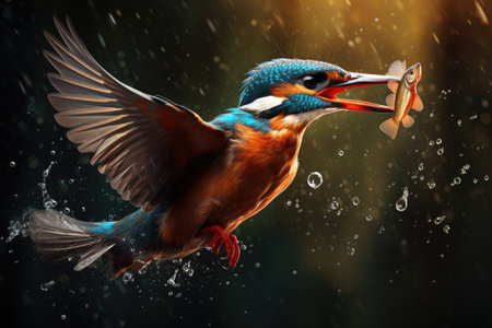 Kingfisher catching a fish in a river, European kingfisher (alcedo atthis) flying after emerging from water with caught fish, Ai generatedの素材