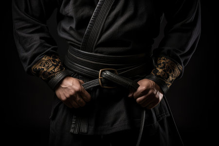 Martial arts fighter with belt on black background, aggressive handsome man in black shirt is demonstrating his punch at dark photo studio, Ai generatedの素材