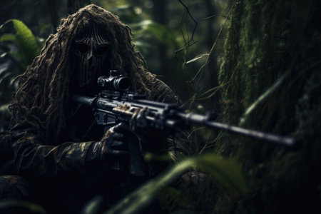 Man in the jungle with machine gun. Dark forest. Selective focus, Ghillie suit sniper camouflage sitting on a jungleの素材