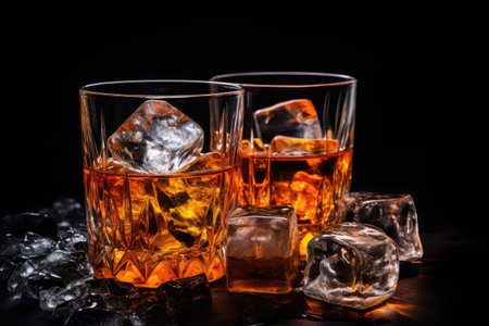 Whiskey on the rocks with ice cubes on a black background, lass of whiskey with ice cubes on plain background --ar 3:2 --v 5.2 Job ID: deed8fee-788a-420a-87b5-0a09fde9d0baの素材