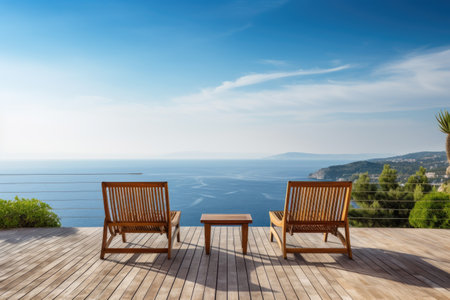 Wooden deck chairs on the terrace of luxury house with sea view, Empty wood chair and table at outdoor patio with beautiful tropical beach and sea, Ai Generatedの素材