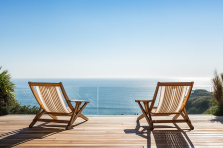 Wooden deck chairs on the terrace of luxury house with sea view, empty wood chair and table at outdoor patio with beautiful tropical beach and sea, Ai Generatedの素材